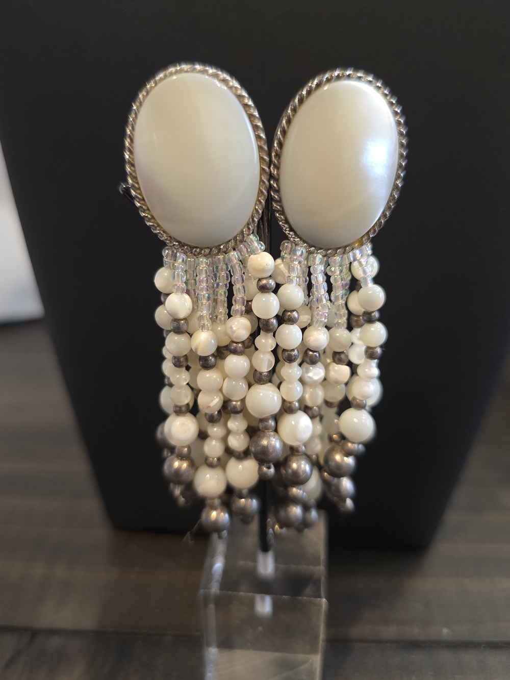 Vintage White Beaded Chandelier Clip On Earrings Tassel Dangle Statement Boho